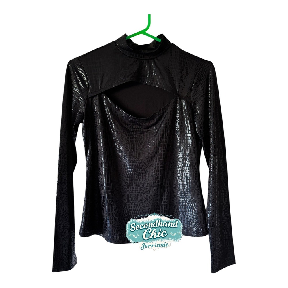 SHEIN Black Crocodile Embossed Cutout Mock Neck Long Sleeve Top Medium